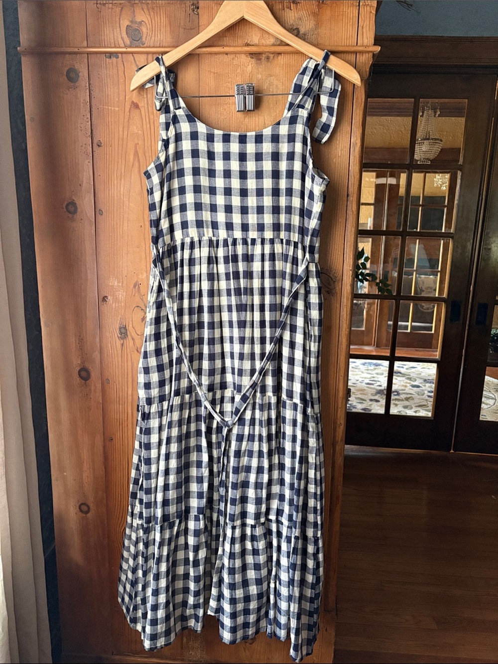Tie-Shoulder Gingham Maxi Dress - Navy & White